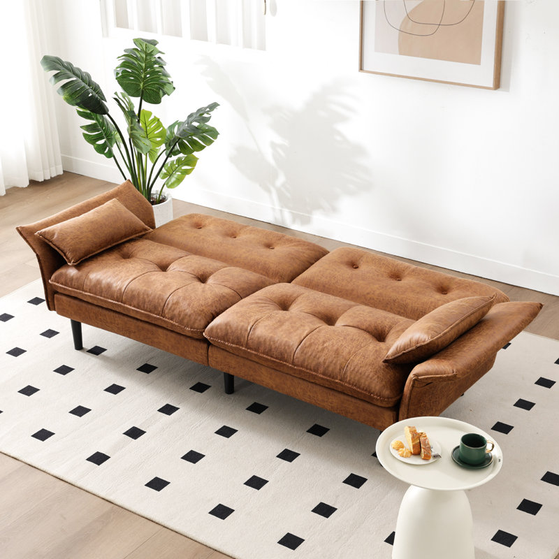 75.6" Convertible Faux Leather Futon Sofa Bed With Adjustable Armrests & Backrest For Living Room, Bedroom