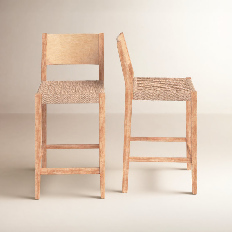 Corrine Solid Wood Natural Bar Stool with Handwoven Rattan Seat, Bar stool (30" Seat Height), Natural