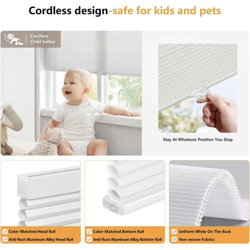 Cordless Cellular Shades, Light Filtering Honeycomb Shade for Windows, 19" W x 36" L, White