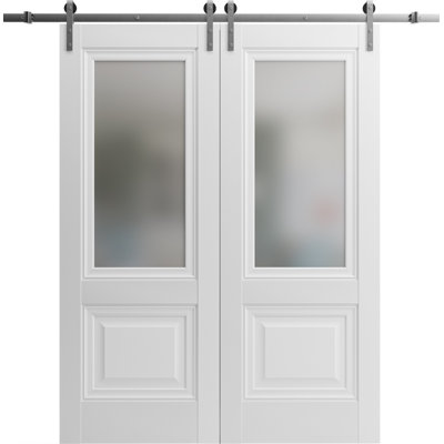 Sturdy Double Barn Door | Lucia 8822 White Silk With Frosted Glass | Stainless Steel 13FT Rail Hangers Heavy Set -  SARTODOORS, LUCIA8822DB-S-WS-36