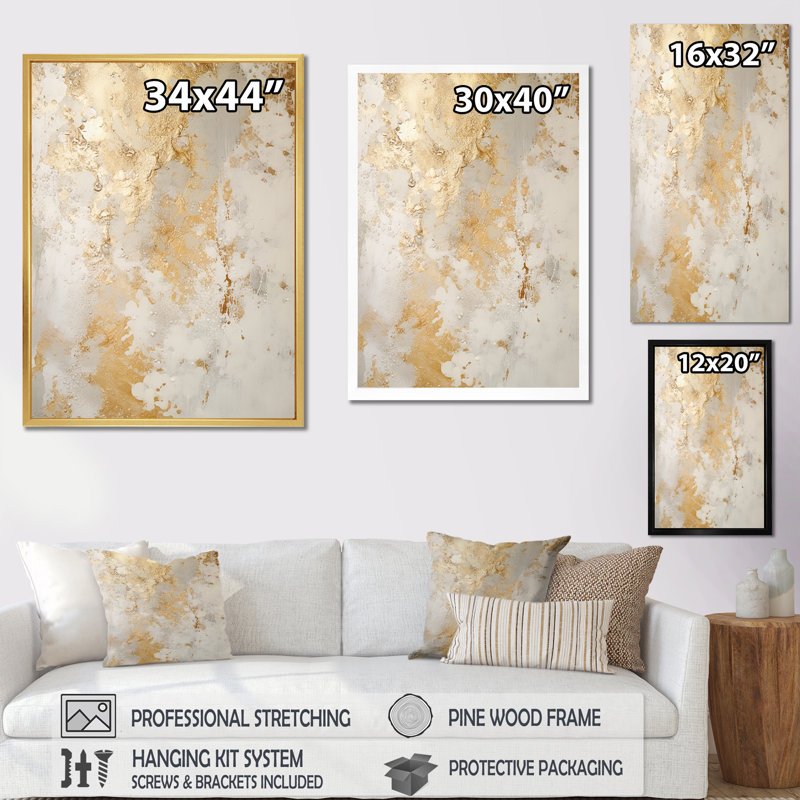 Fizzs beige et or fantaisie - art mural abstrait, H 40 po x l 30 po x P 1,5 po, Cadre doré simple