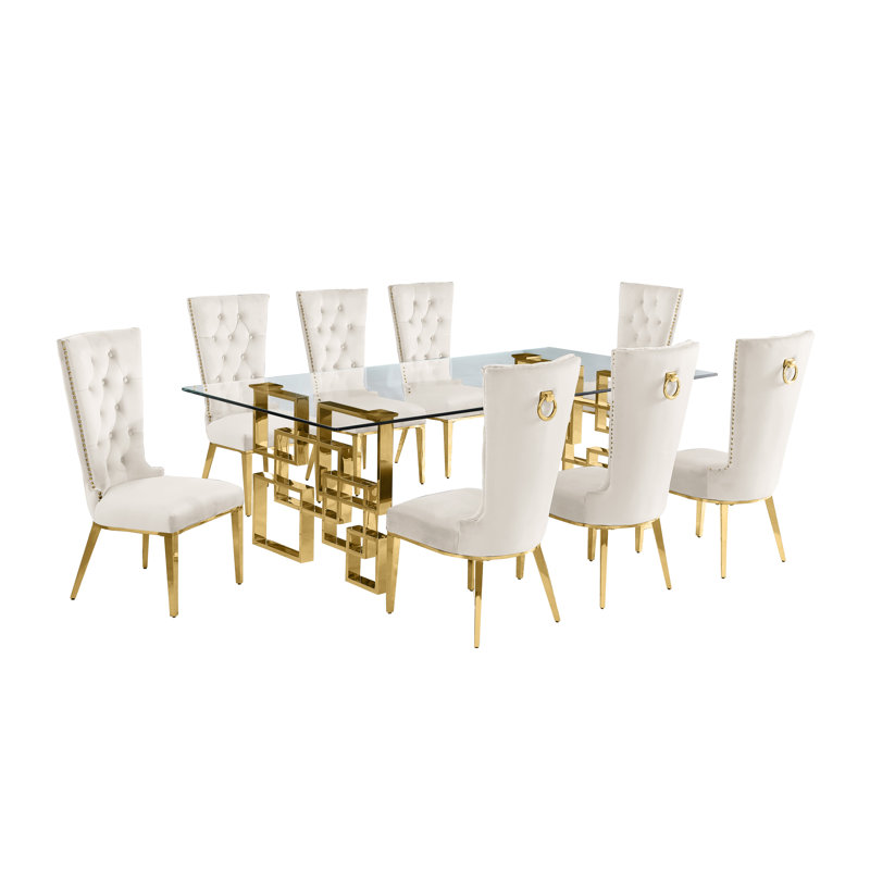 Ensemble de salle à manger rectangulaire en verre transparent avec chaises en velours L 95 po x l 46 po Borel, 9, Or