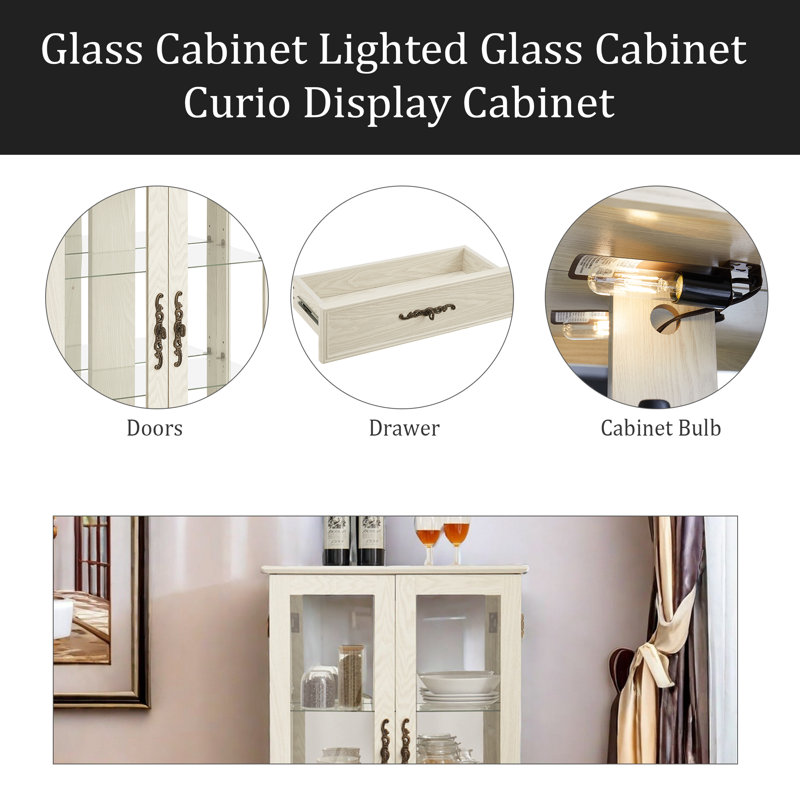 Armoire vitrée avec vitrine éclairée avec tablettes réglables en verre 2 portes et 1 tiroir avec ampoule incluse, Blanc