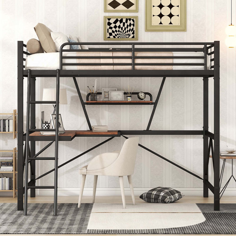 Lit Loft en métal et panneau de fibres à densité moyenne avec bureau intégré, tablette et garde-corps de sécurité pour poste de travail et peu encombrant