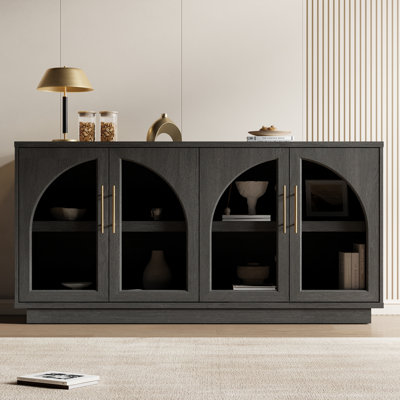 Arden 60" Curved Arch Sideboard Cabinet with Tempered Glass Doors, Adjustable Shelves & Cable Management, Organic Modern Buffet Cabinet, Display Cabinet & TV Stand for Dining Room and Living Room，White
