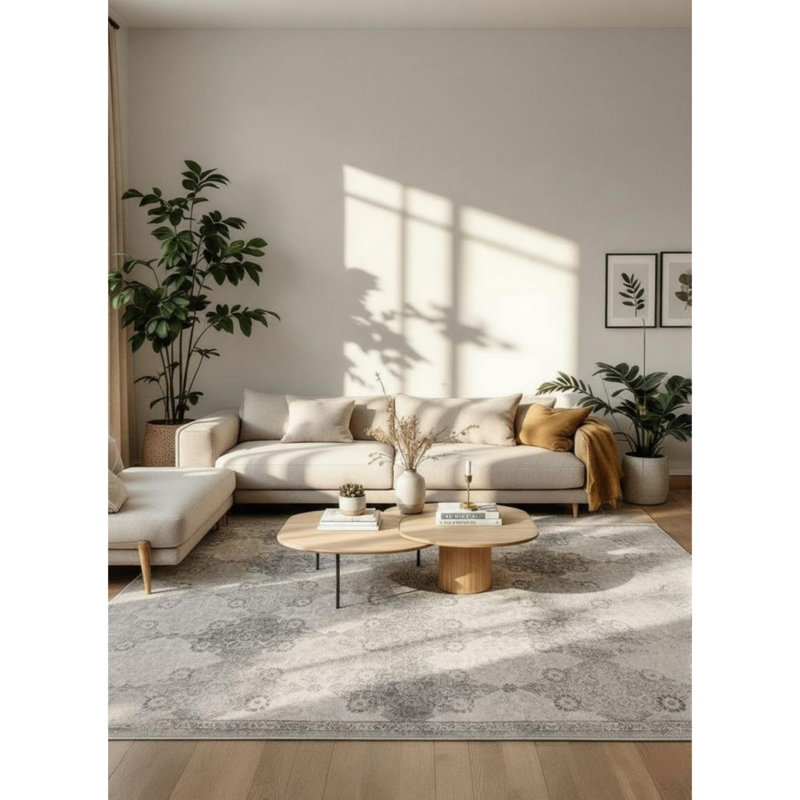 Tapis intérieur en damas gris / beige 5 pi x 8 pi (5 pi 3 po x 7 pi 7 po) Branch, Rectangle 5 pi 3 po x 7 pi 7 po