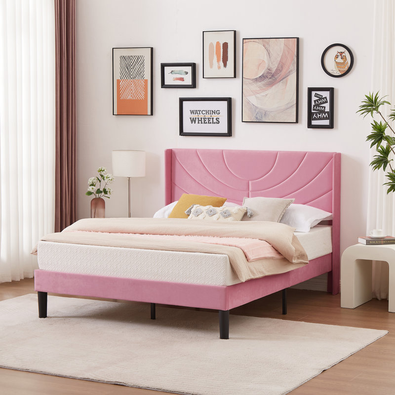 Structure de lit double en velours avec tête de lit à oreilles, lit plateforme tapissier avec tête de lit capitonnée à oreilles, support de lattes en bois massif, sans sommier, sans bruit, rose
