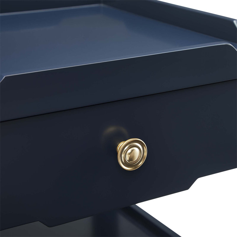 Table de chevet 1 tiroir Foley Midnight Blue avec poignée dorée et tablette inférieure pour plus de rangement