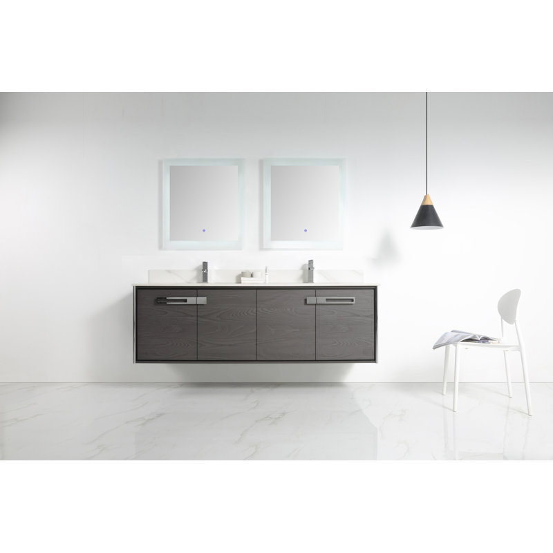 72'' Double Bathroom Vanity with Carrara Quartz Top, Black Coal Oak, Polished Chrome