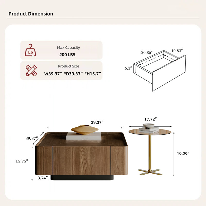 Modern Glam 39.4" Square Walnut Nesting Coffee Table Set with Hidden Storage