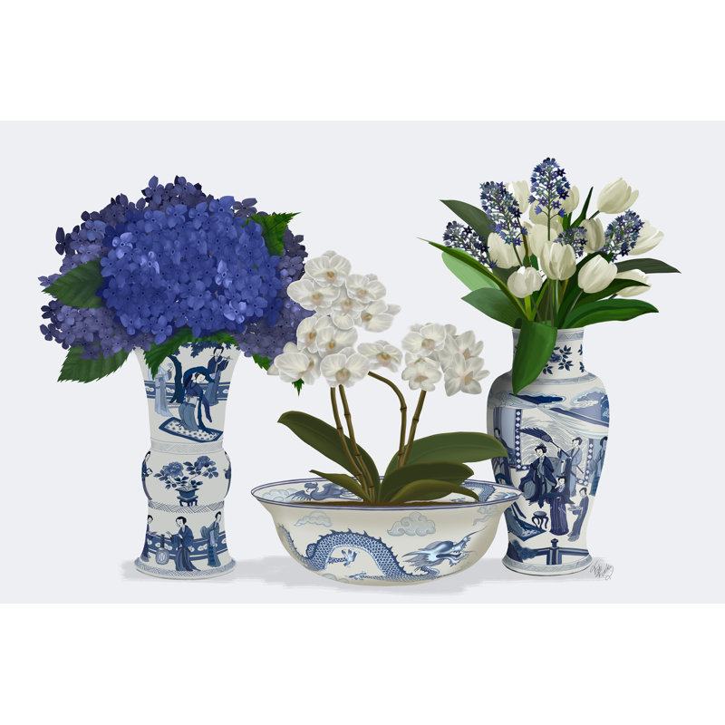 Chinoiserie Flower Trio 2, bleu, H 32 po x l 48 po x P 1,25 po