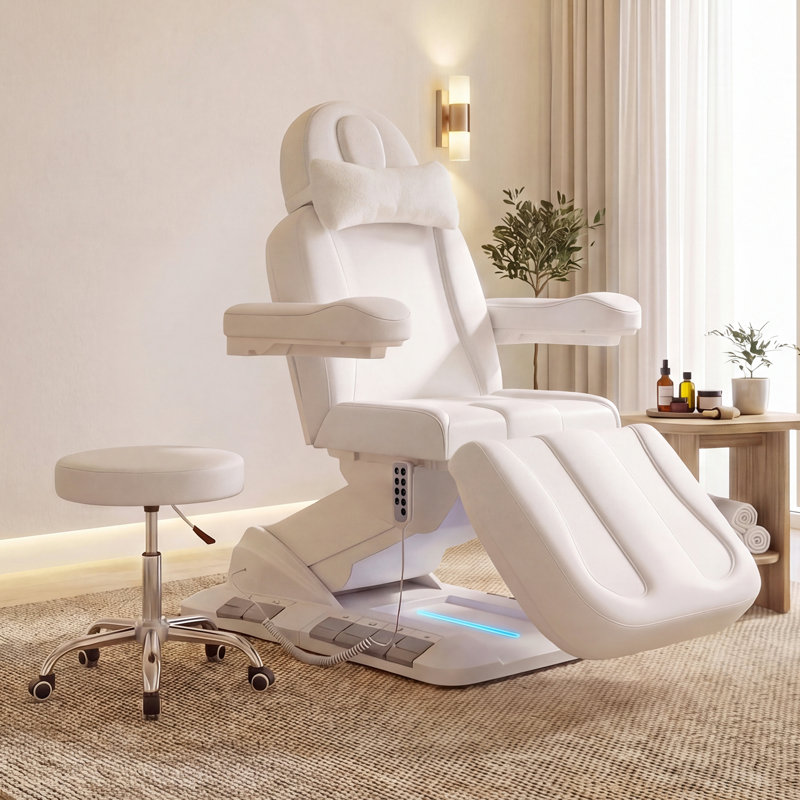 Table de massage électrique à 3 moteurs avec tabouret, télécommande et commande au pied, dossier / repose-pieds / hauteur réglable, capacité de 550 lb pour spa, médical, cils et beauté