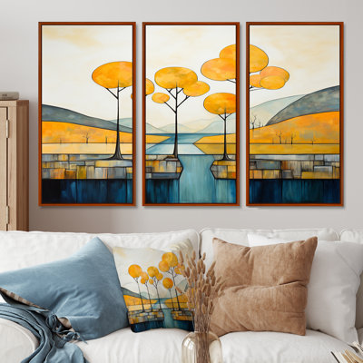 Arbres jaunes au bord de la rivière Blue Mountain - ensemble d'art mural rivière