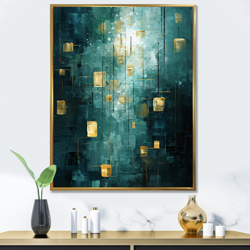 «Sudden Serenity Abstract Turquoise and Gold», reproduction sur toile, H 32 po x l 16 po x P 1 po, Cadre flottant doré