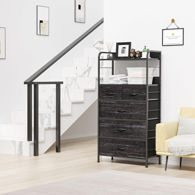 120x60x30cm Tiger Stripe Storage Dresser with 5 Fabric Drawers, Sturdy Metal Frame, 2 Open Shelves & Side Hooks, Space-Saving Organizer for Bedroom, Entryway and Living Room, Brown