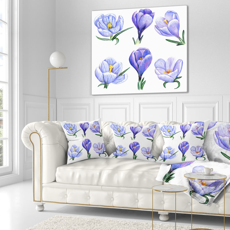 Crocus dessinés à la main - coussin imprimé floral, 16 po x 1 po, Coussin décoratif