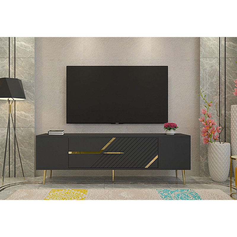 Meuble télé moderne avec option de fixation murale, anthracite et or, Catena, 59,1 x 19,0 x 11,6 pouces | Panneau de particules 100% enduit de mélamine | Conception géométrique élégante | Parfait pour les salons contemporains et les espaces de divertissement