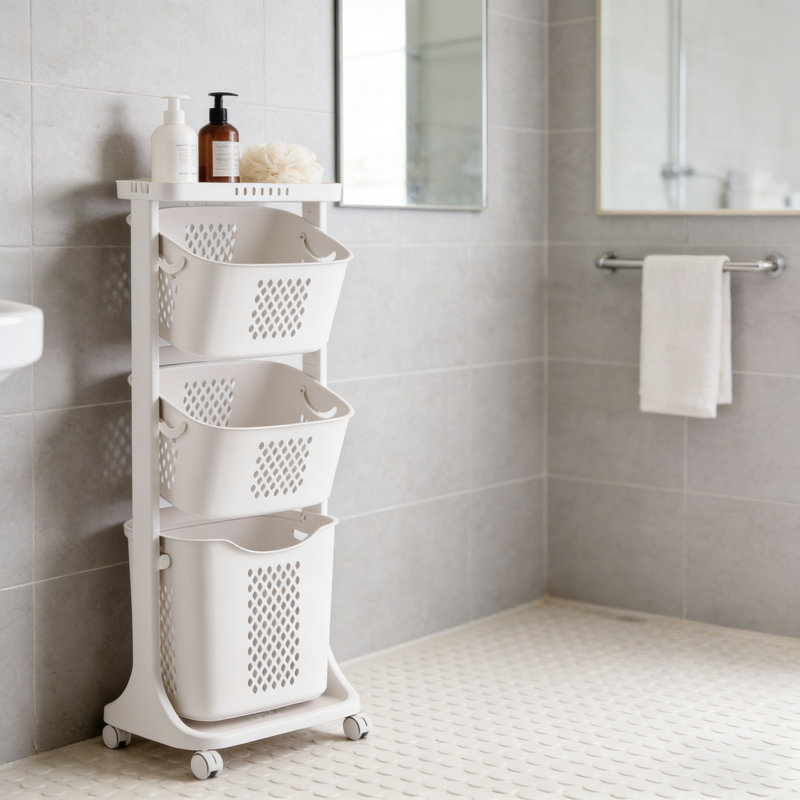 3-tier Rolling Laundry Basket Organizer, Plastic Storage Cart With Lockable Wheels