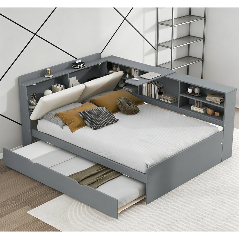 Full Size Solid Wood Platform Bed with Trundle and Storage Headboard, Gray