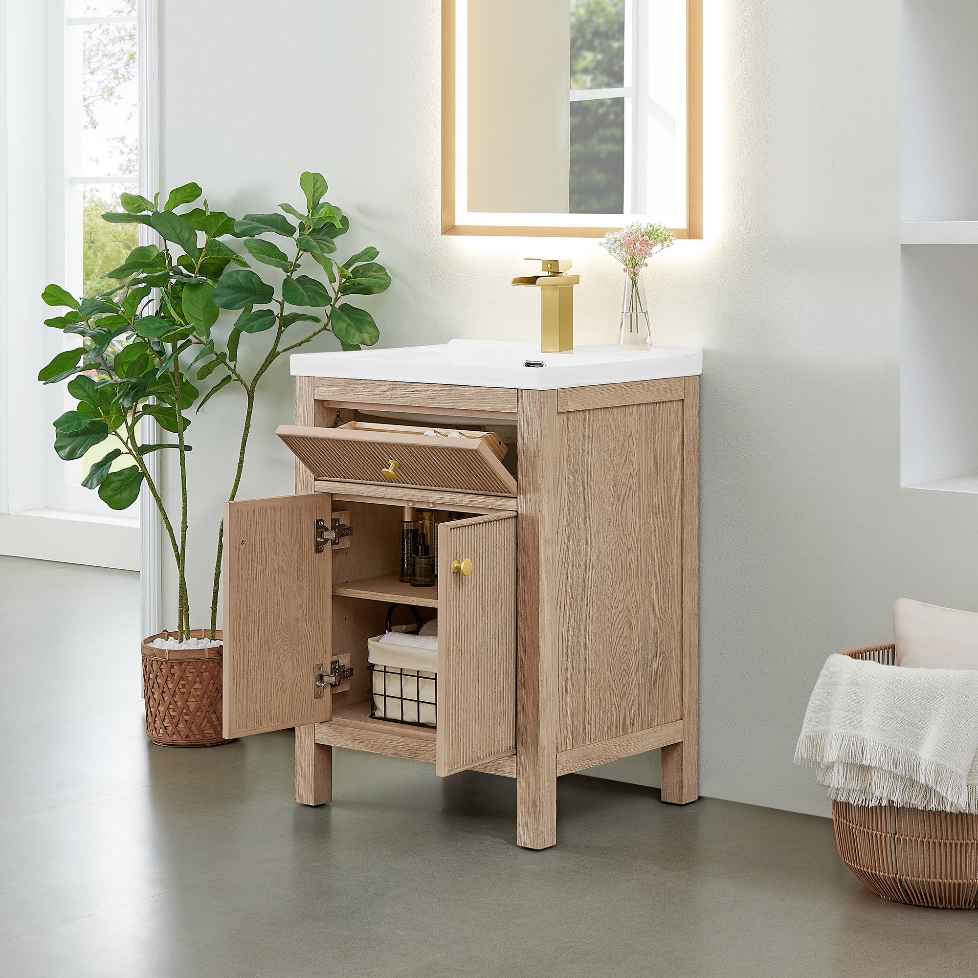 Lala 24" Single Bathroom Vanity with White Ceramic Integrated Sink without Mirror, Natural Oak