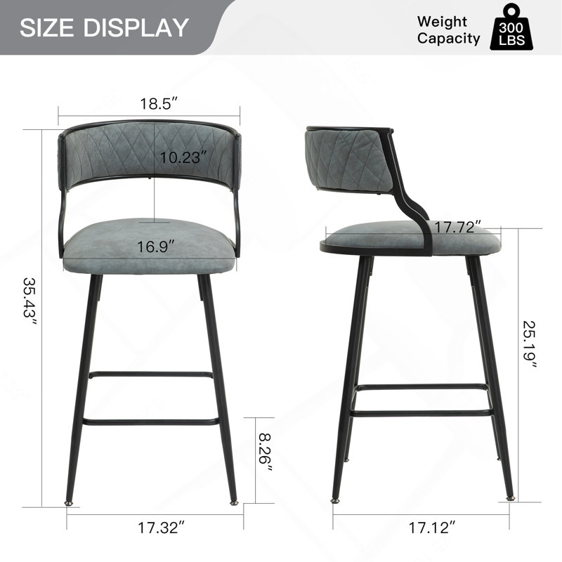 Tabouret de bar 26 po à hauteur de comptoir avec couvercle en polyuréthane et base avec revêtement thermolaqué noir (gris)