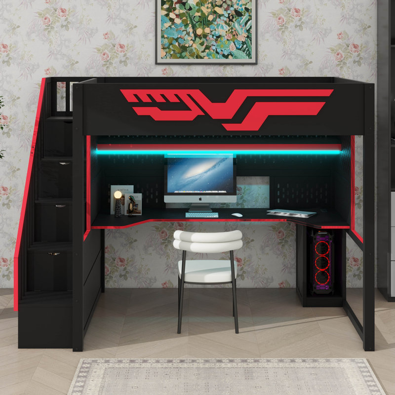Lit mezzanine en bois pour enfants avec ports USB, bureau, escalier de rangement et tablettes ouvertes