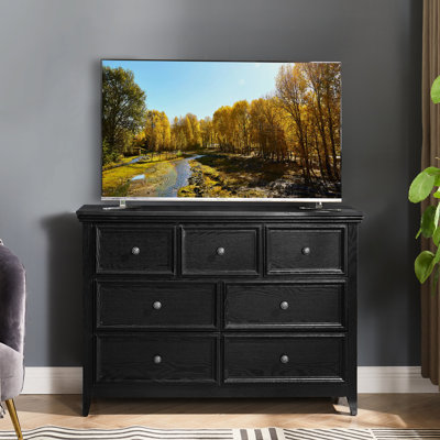 Commode 7 tiroirs Living - Armoire noire avec glissières en métal et rangement à bascule