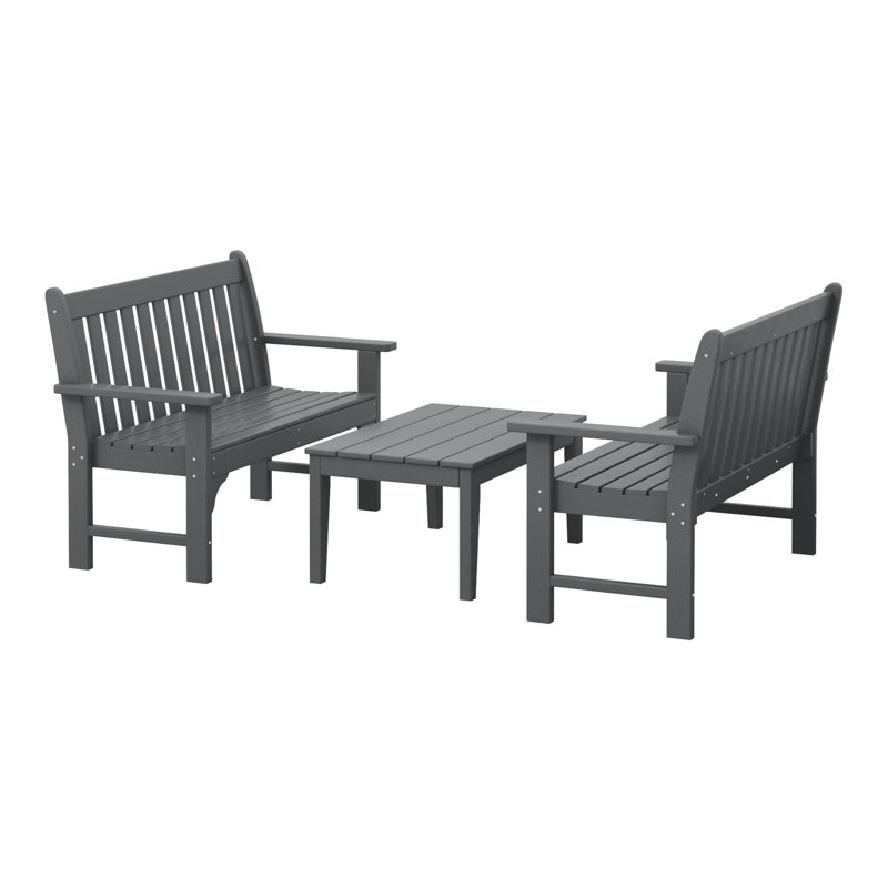 Laguna Poly 3-Piece Bench With Coffee Table, Gray