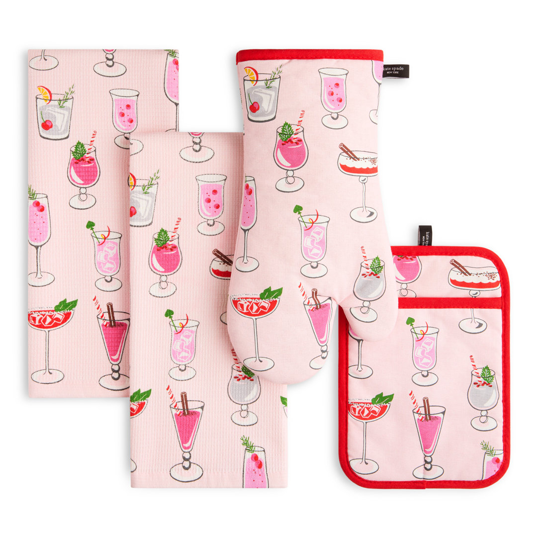 KATE SPADE NEW YORK Holiday Cocktails Kitchen Towel, Oven Mitt & Pot Holder 4-Pk Set, Red/Pink/Green (Set of 4) kate spade new york