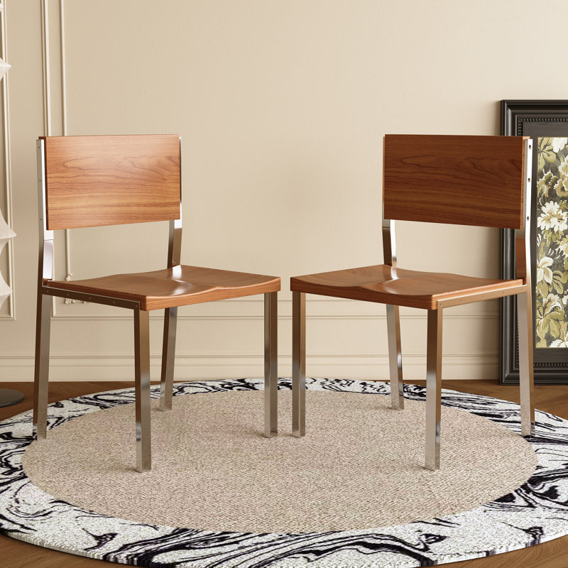 Chaise de salle à manger moderne avec structure en acier inoxydable et siège en bois massif, chaise de cuisine minimaliste pour salle à manger (ensemble de 2)