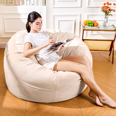 44 Inch Lazy Sofa (Beige), Velvet Fabric+Sponge Filling Comfortable And Soft, Side Pockets Convenient For Storage, Sofa Handle Easy To Move