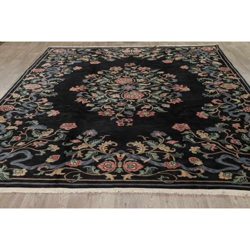 Tapis noir noué à la main de conception unique 8 pi 9 po x 11 pi 6 po