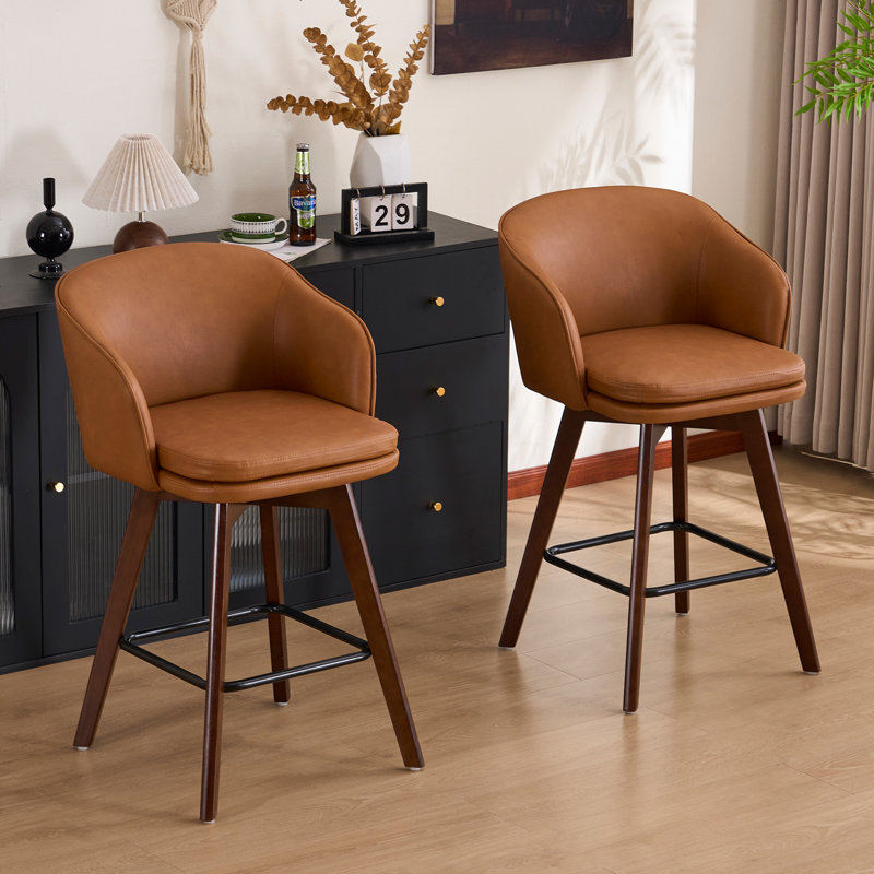 Tabourets de bar Allis de style Mid-Century en chenille moderne, tabourets de bar pivotants rembourrés avec pieds en bois, tabourets à hauteur de comptoir avec dossier à oreilles, repose-pieds, pour comptoir de bar pour îlot de cuisine, brun