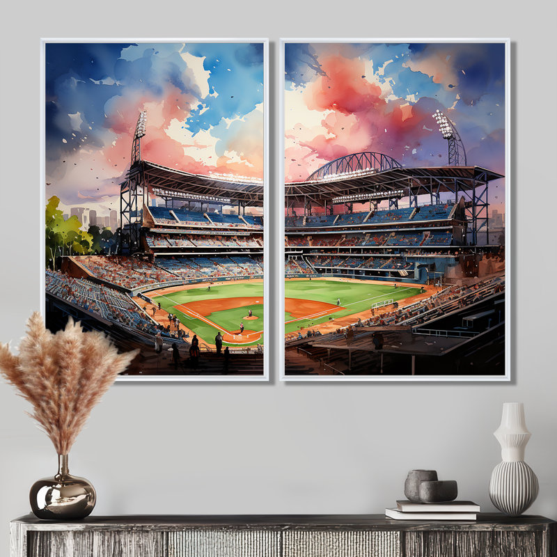 Abstrait Baseball Stadium III - Architecture, stades, art mural, H 36 po x l 48 po, Impression encadrée flottante, Blanc
