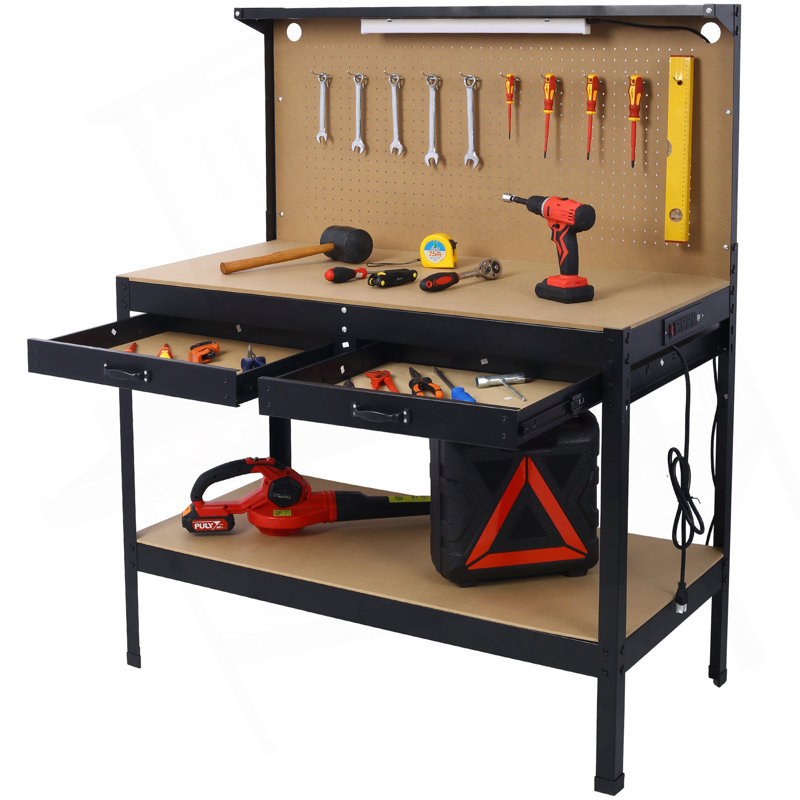 Steel Workbench Tool Storage Work Bench Workshop Tools Table W/Drawer And Peg Board ,4Xac Outlets 2Xusb Ports