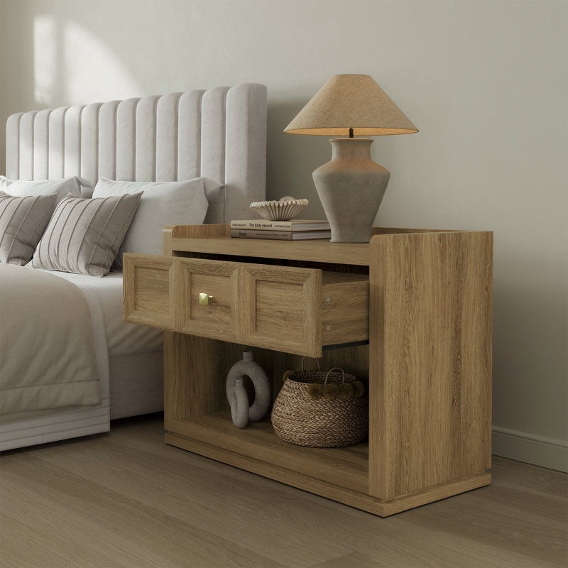 Tables de chevet l 30,7 po Helio avec 1 tiroir et 1 armoire de rangement ouverte, Naturel, H 25 po x l 30,7 po x P 15,4 po