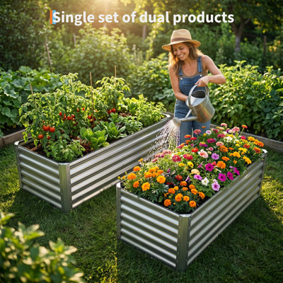 Ensemble de 2 lits de jardin surélevés en acier galvanisé 4 x 2 x 1,5 pi, grandes boîtes à fleurs en métal pour légumes, fleurs et jardinage extérieur - argent