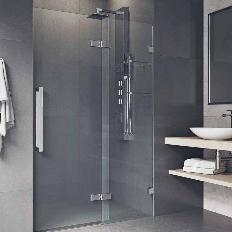 Powell 48.75" W x 74" H Hinged Frameless Shower Door with MagnaLock Technology, Chrome