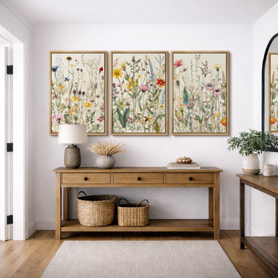 Vibrant Wildflower "Colorful Soft Floral Artwork, French Country Cottage Triptych Wall Pictures, Framed Canvas Giclée Print 3 Pieces Wall Art" 16"x24"x3 pcs, 24"x36"x3 pcs, 20"x60"x3 pcs