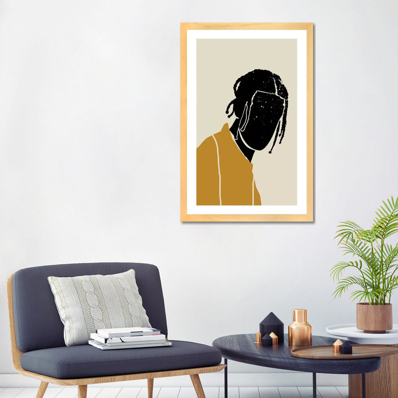 Black Hair I - impression d'art graphique, Blanc, H 24 po x l 32 po x P 1 po, Toile avec cadre en bois beige