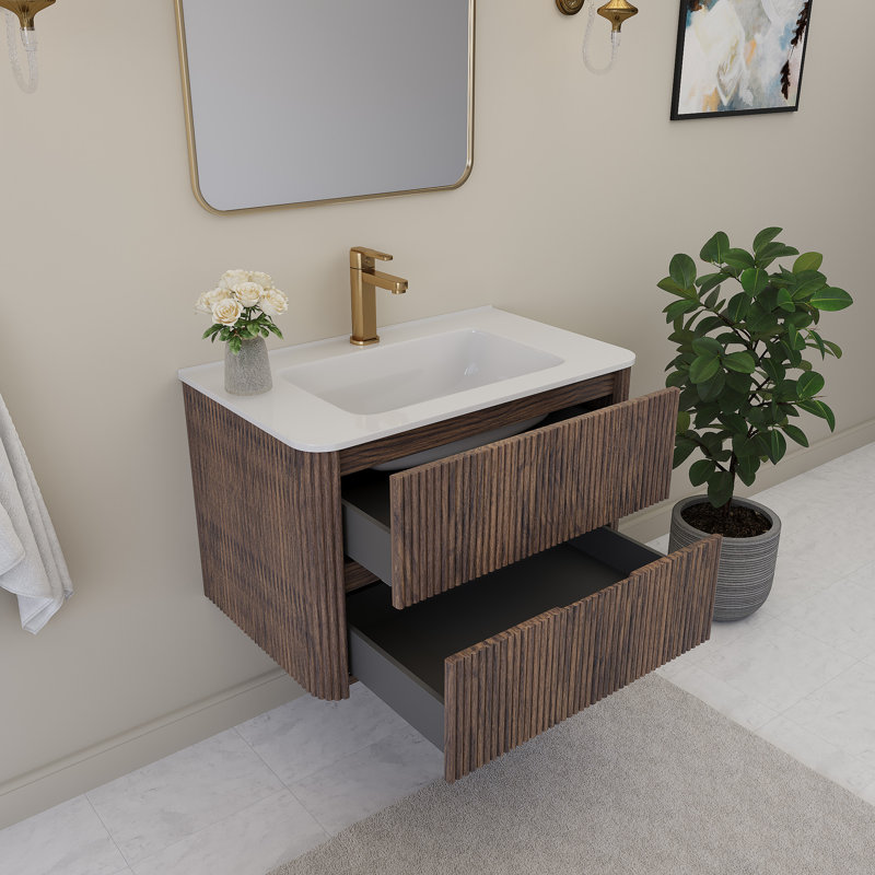 Meuble-lavabo flottant mural 36 po avec plateau 36 po, Noyer, L 30 po x H 20,4 po x P 18 po