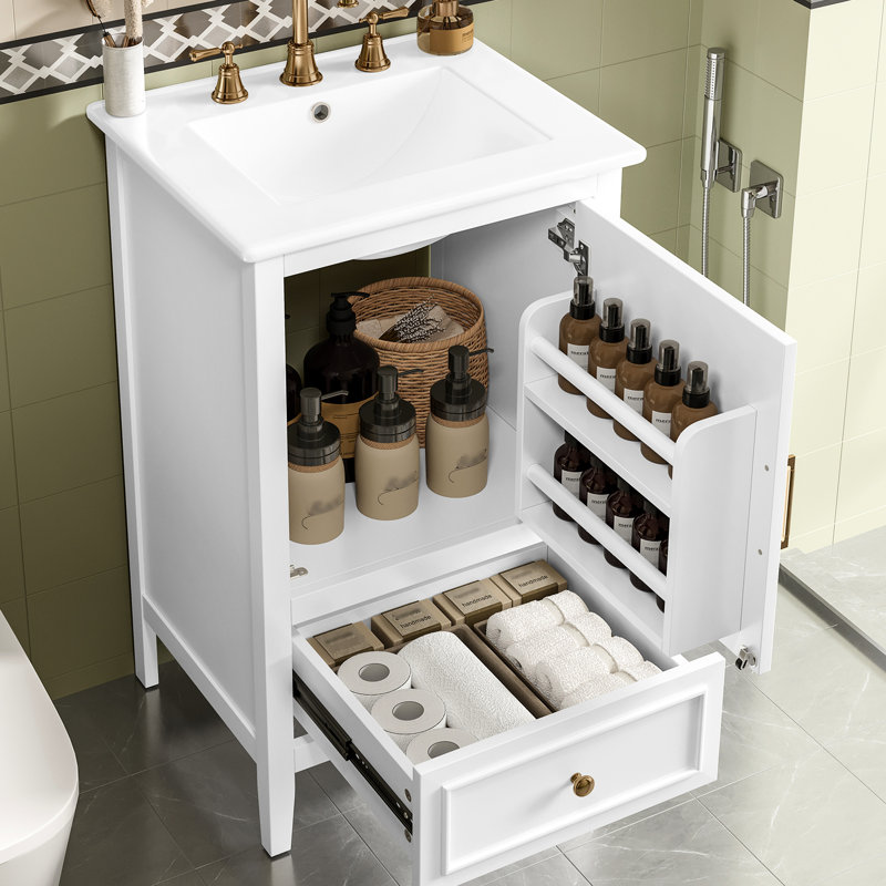 Meuble-lavabo blanc de 20 po avec lavabo, tablette de porte, tiroir, charnières en acier inoxydable, armoire de rangement en céramique blanche et stable à fermeture silencieuse de 20 po, patins réglables, apparence moderne