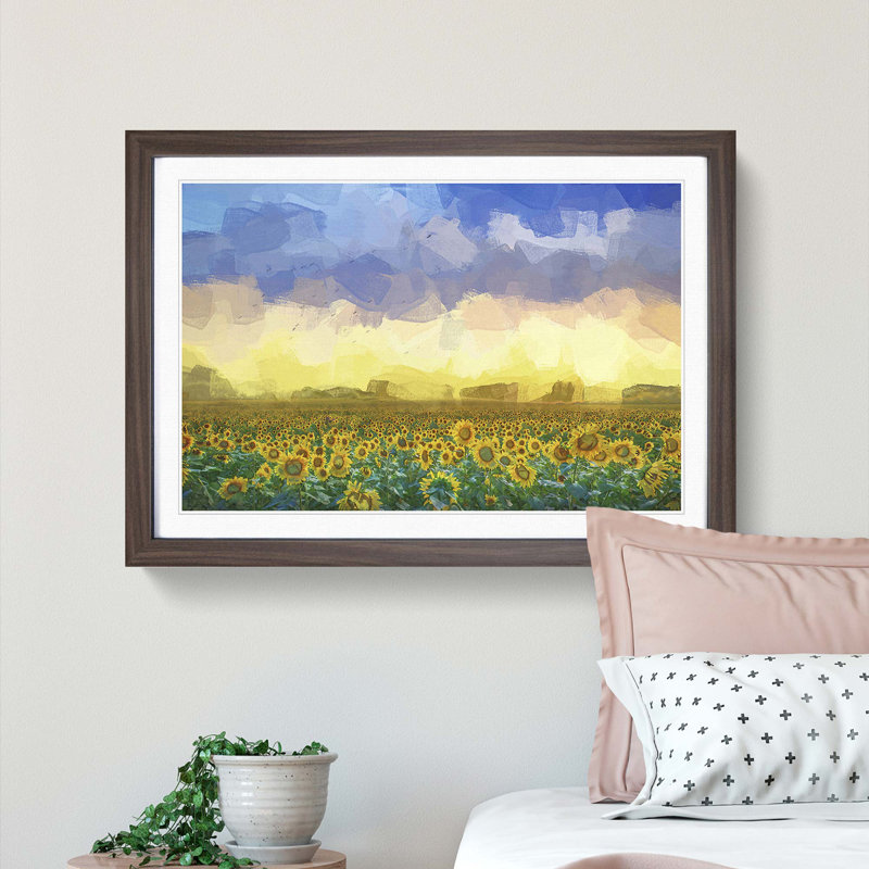 Flock of Birds Above Sunflowers in Abstract - Picture Frame Graphic Art Print, 27cm H x 36cm W x 2cm D, Walnut Framed