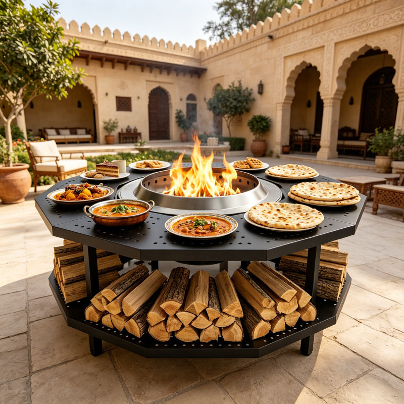 41" Fire Pit Surround Tabletop with Firewood Storage Shelf Protective Barrier, 14" H x 32" W x 32" D