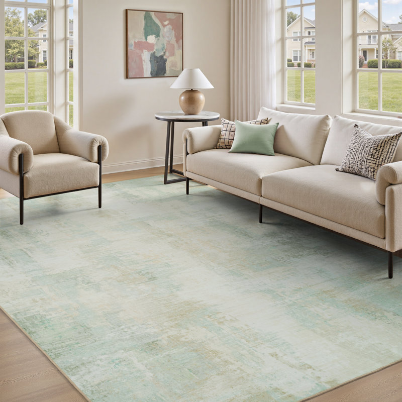 Modern Soft Abstract Machine Washable Mint Green Area Rug For Bedroom, Living Room, Rectangle 9' x 12'