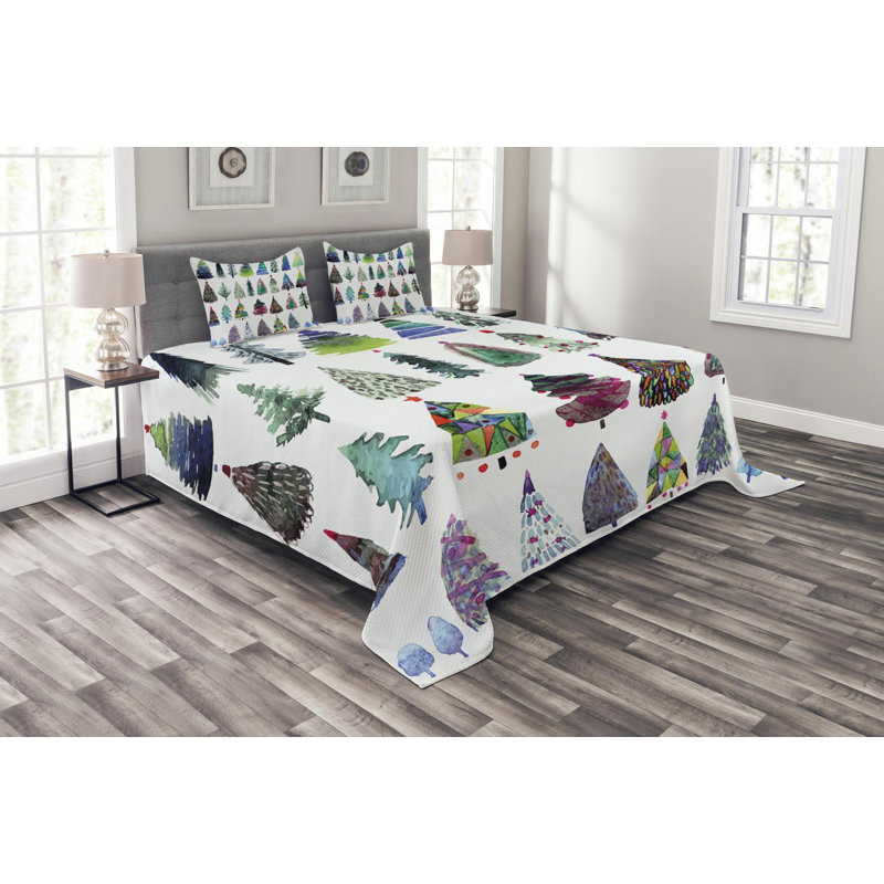 Queen White Watercolor Fir Trees Bedspread Set