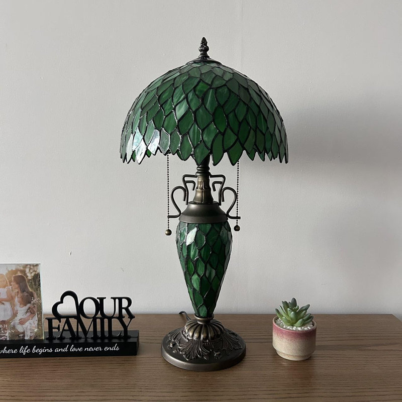Green Stained Glass Tiffany Table Lamp with Bronze Base, 22" Height