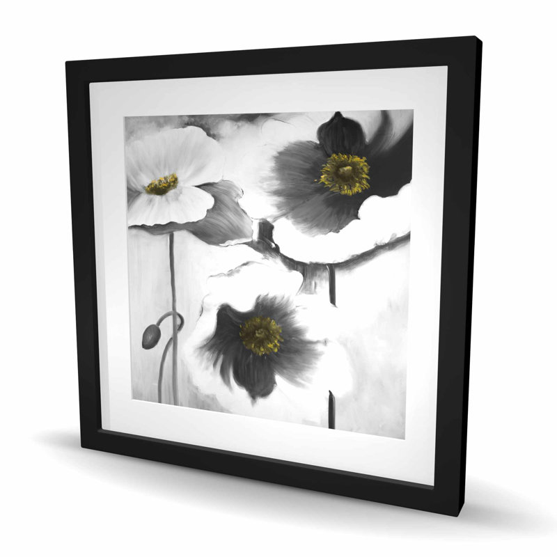 Imprimé de fleurs noires et blanches - décor floral contemporain, H 24 po x l 24 po, Noir