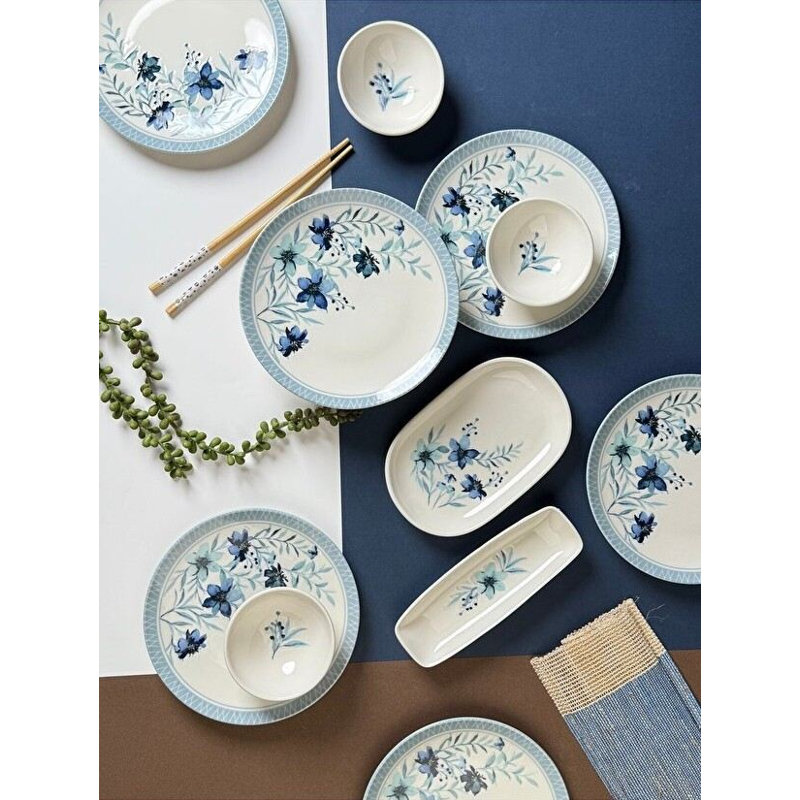Elegant 14-Piece Breakfast Set, 100% Porcelain | Includes 6 Service Plates (7.9 inches), 4 Joker Bowls (3.9 inches), 2 Oil Plates (7.5 x 4.7 inches), 2 Platters (7.9 x 2.8 inches) | Dishwasher & Microwave Safe, Perfect for Stylish Dining