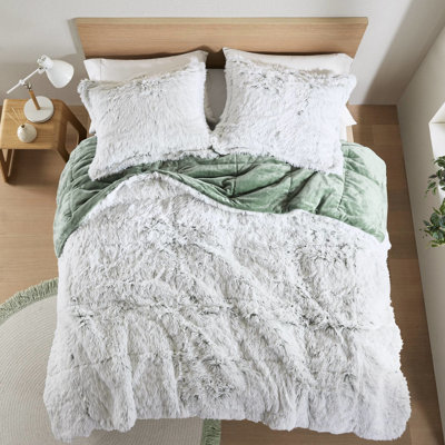 Édredon en fausse fourrure à poil long double / grand avec garniture blanche, rembourrage, cycle délicat lavable à la machine séparément, livré avec deux taies décoratives 3 pièces pour matelas, / couleurs blanches, doux